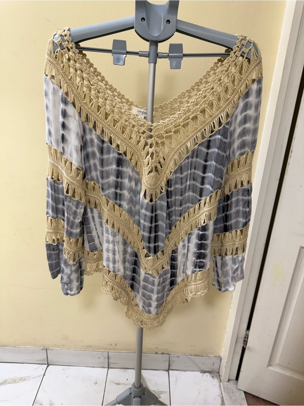 Umgee Crochet Trim Tie-Dye Tunic - Beige and Gray